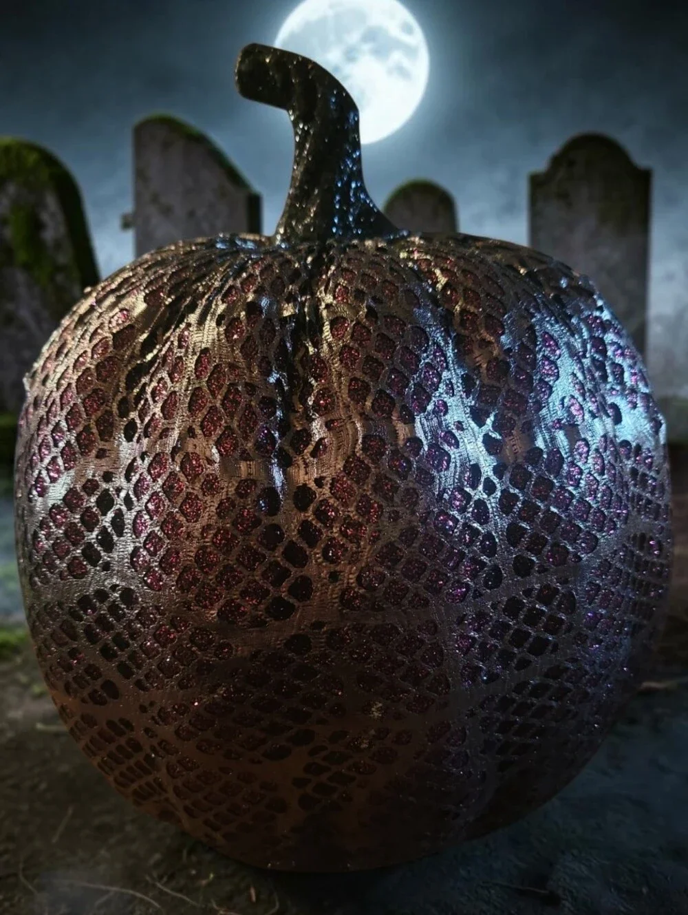 Halloween Decorative Textured Pumpkin - Metallic Black  Deep Purple Accents
